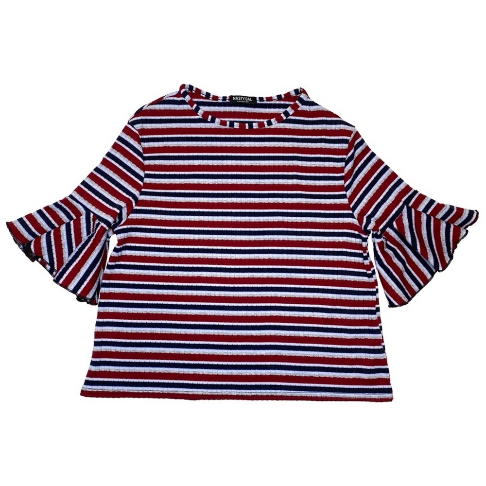 Nasty Gal Red Striped Flutter Sleeve Top EUC